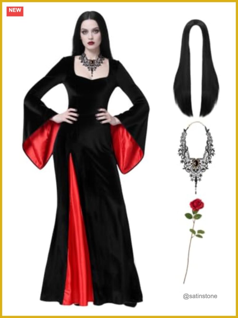 Women's Gothic Black Dress Halloween Costume Set with Wig Necklace Rose